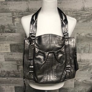 B. Makowsky silver leather shoulder bag with leopard print interior